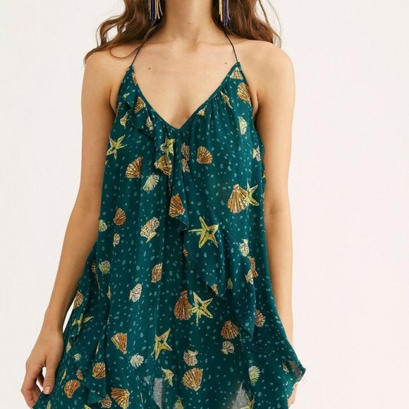 Free People Seashell Teal Combo open back mini dress NWT sz Lg - Picture 2 of 9